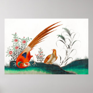 Old chinese painting of two birds among flowers poster