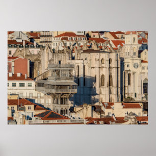 Old city of Lisbon with view tower and church ruin Poster