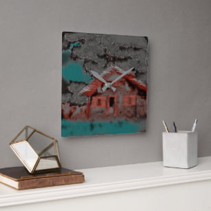 Old clay house with drizzled motion, under clouds square wall clock