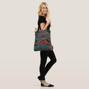 Old clay house with drizzled motion, under clouds  tote bag