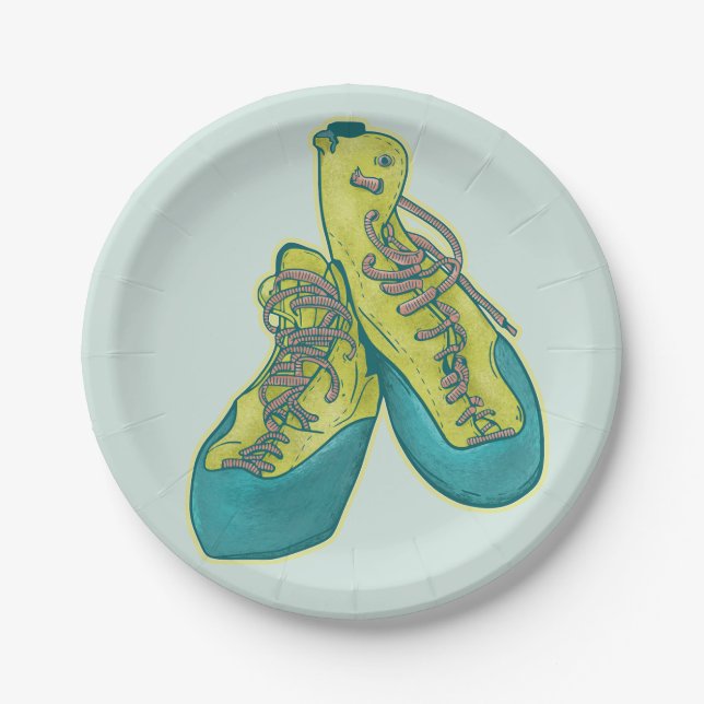 Old climbing shoes rock climbing paper plate (Front)
