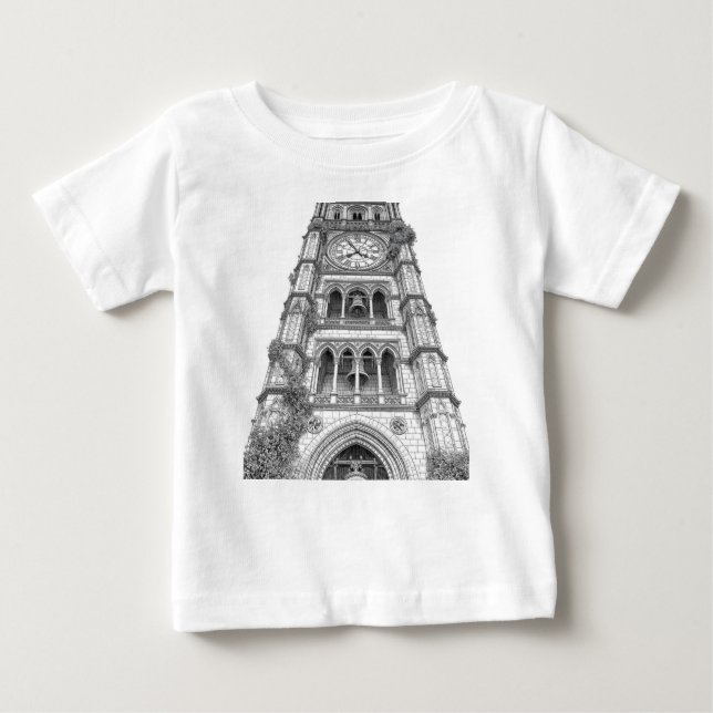 Old Clock Tower with Bells and Climbing Roses Colo Baby T-Shirt (Front)