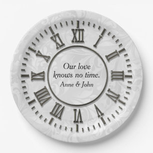 Old Clock With No Hands Damask Satin Paper Plate