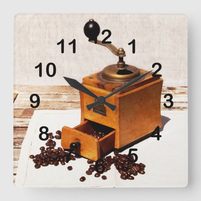 old coffee mill with coffee beans square wall clock (Front)