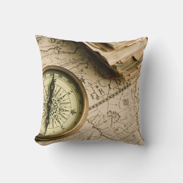 Old Compass Over Ancient Map Cushion (Front)