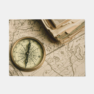 Old Compass Over Ancient Map Doormat