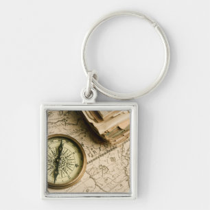 Old Compass Over Ancient Map Key Ring