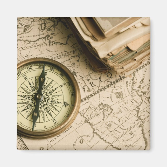 Old Compass Over Ancient Map Magnet (Front)