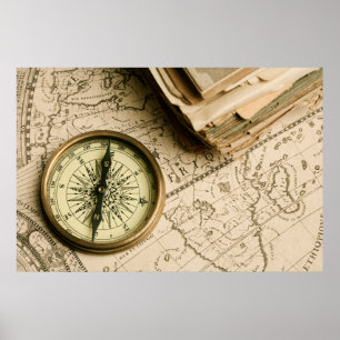 Old Compass Over Ancient Map Poster