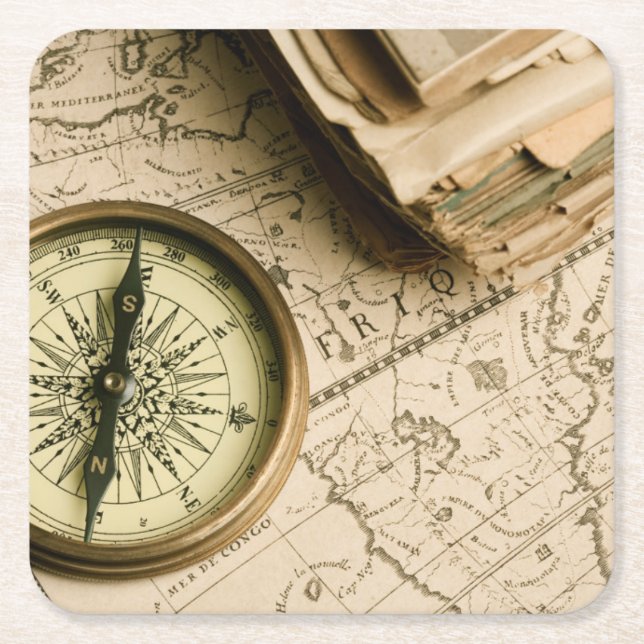 Old Compass Over Ancient Map Square Paper Coaster (Front)