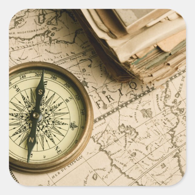 Old Compass Over Ancient Map Square Sticker (Front)