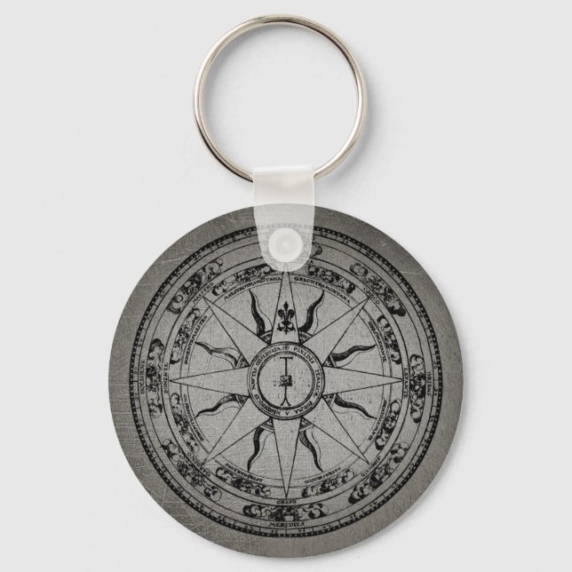 Old Compass Rose (B&W) Key Ring (Front)