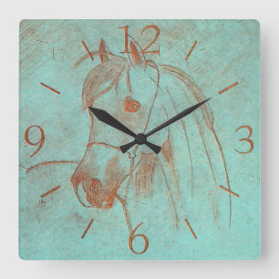 Old Copper Engraved Horse Square Wall Clock
