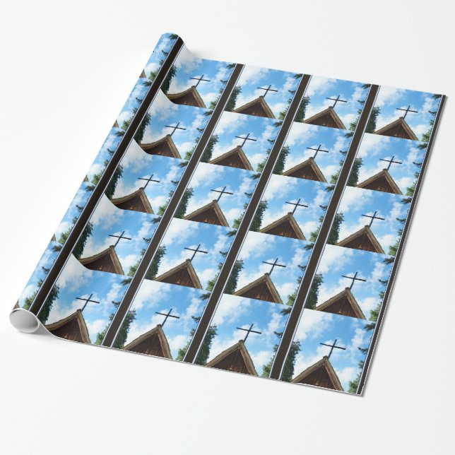 Old Country Church Blue and Brown Christmas Wrapping Paper (Unrolled)