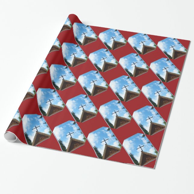 Old Country Church Red Brown Blue Wrapping Paper (Unrolled)