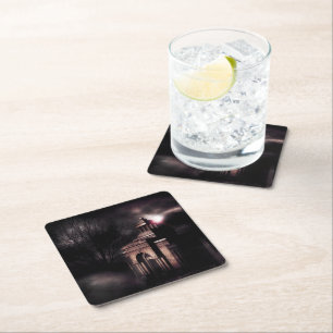 Old crypt in the dark forest square paper coaster