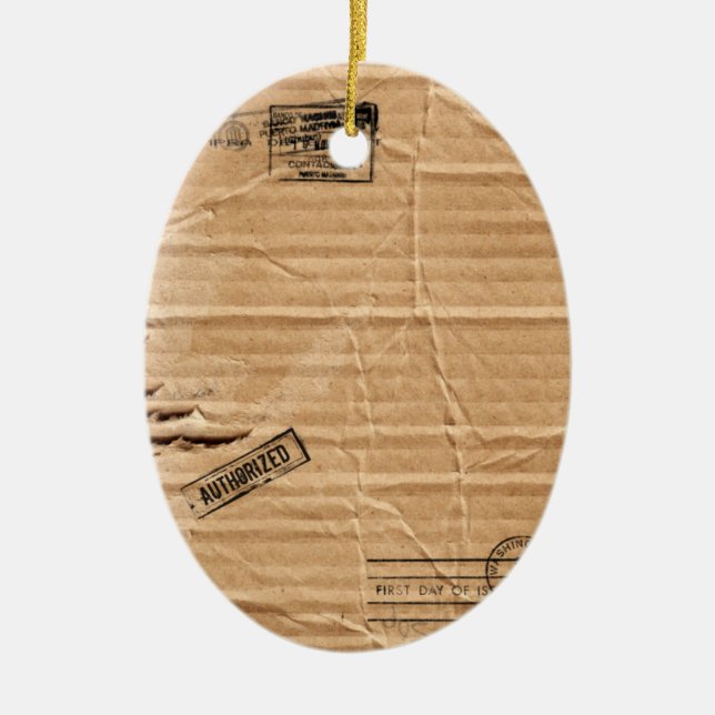 Old Damaged Brown Cardboard With Stamps And Stains Ceramic Ornament (Front)