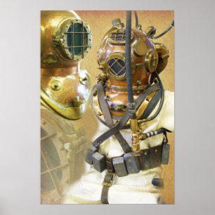 Old deep sea diving suit and helmet poster