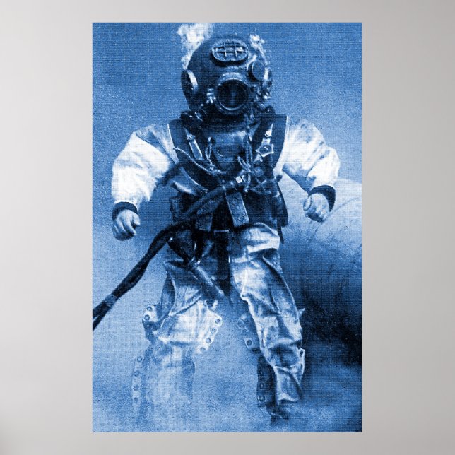old diver with brass helmet blue colour poster (Front)