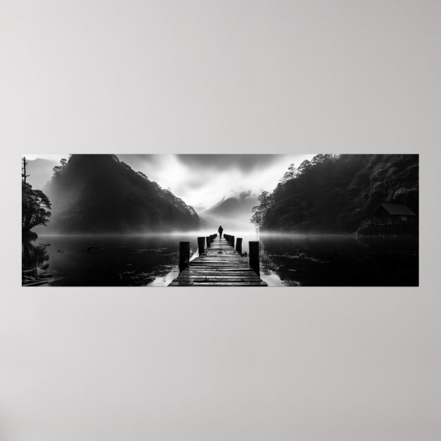 Old dock on the lake B&W photo - Ultra wide Poster (Front)