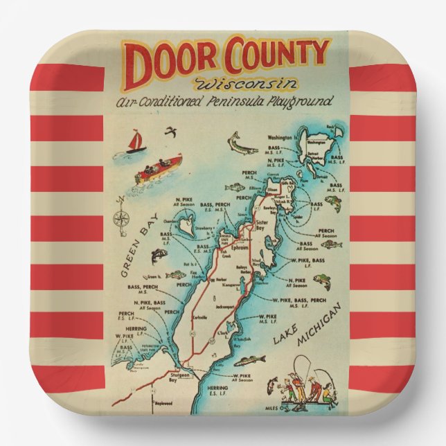 Old Door County Map Postcard Paper Plate (Front)