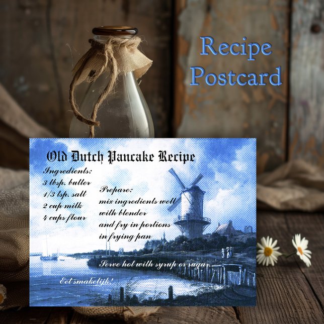 Old Dutch Pancake Recipe Card (Postcard in blue antique Dutch tile style (based on a Ruysdael painting) with a pancake recipe)