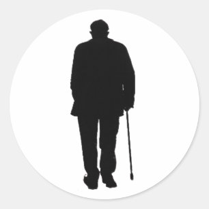 Old Elderly Man Walking Black Silhouette Drawing Classic Round Sticker