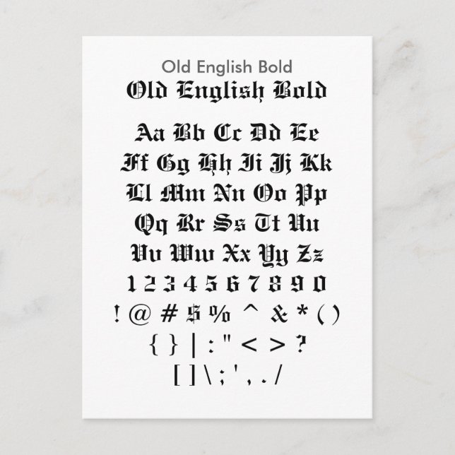 Old English Bold - Zazzle Font Sampler Sheet Postcard (Front)
