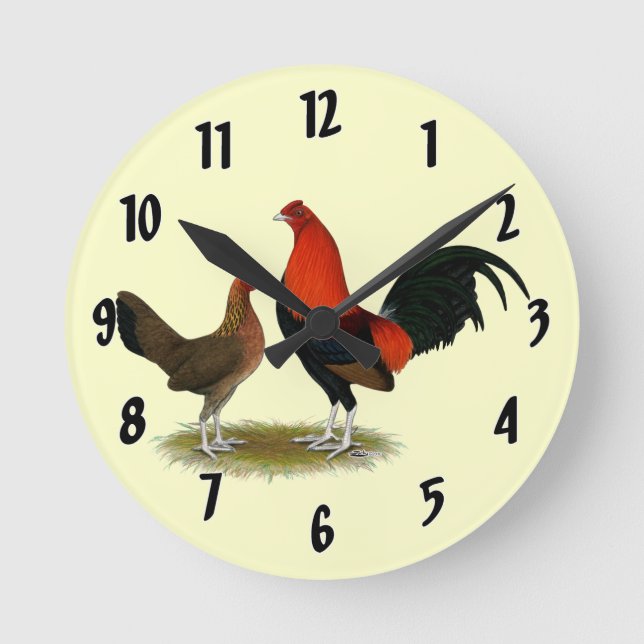 Old English Game Bantams:  BB Red Pair Round Clock (Front)