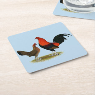 Old English Game Bantams: BB Red Pair Square Paper Coaster
