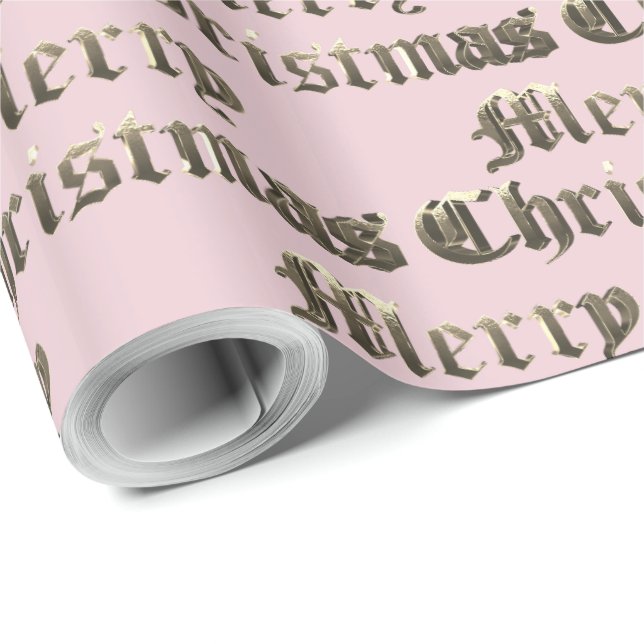 Old English Lettering Gold and Baby Pink Christmas Wrapping Paper (Roll Corner)
