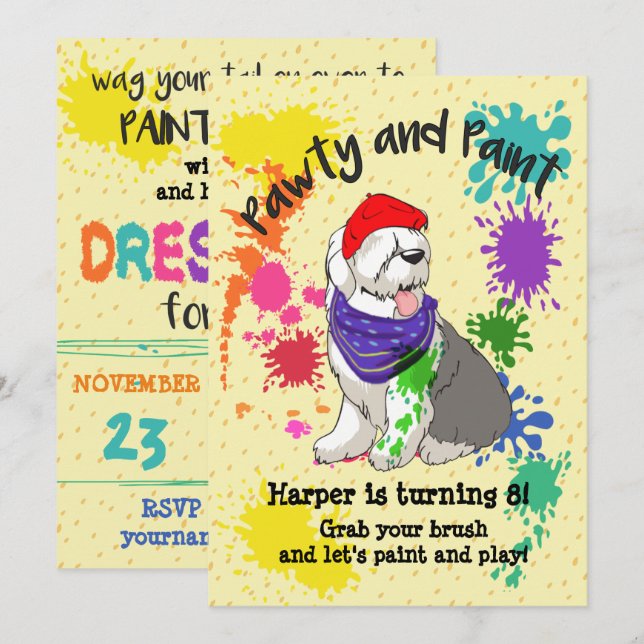 Old English Sheep Dog Art Birthday Party Invite (Front/Back)