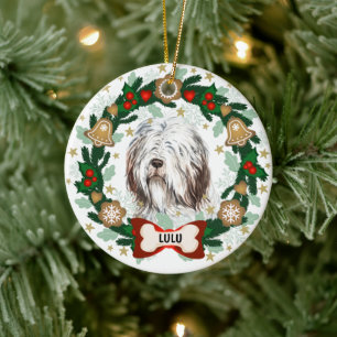Old English Sheep Dog Christmas Dog Cookie Wreath Ceramic Ornament