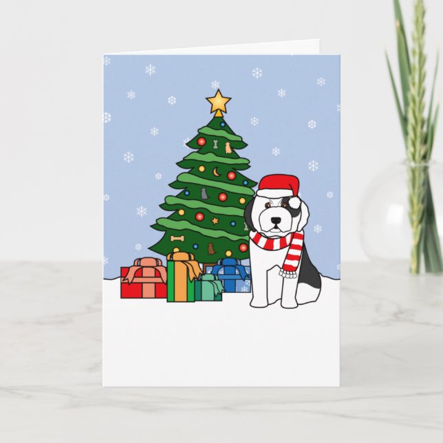 Old English Sheepdog and Christmas Tree Holiday Card (Front)