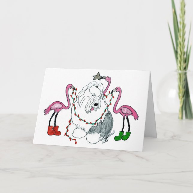 Old English Sheepdog and Pink Flamingos Christmas Holiday Card (Front)