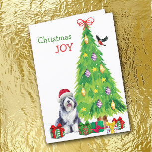 Old English Sheepdog, Bird and Christmas Tree Holiday Card