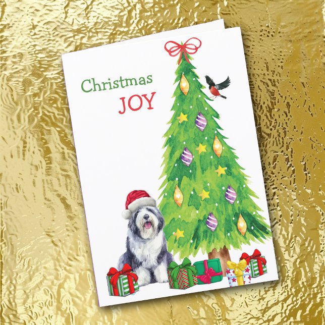 Old English Sheepdog, Bird and Christmas Tree Holiday Card (Creator Uploaded)