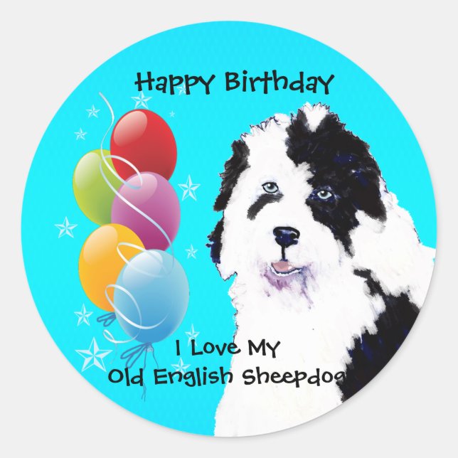 Old English Sheepdog - Birthday Balloon Glossy Classic Round Sticker (Front)