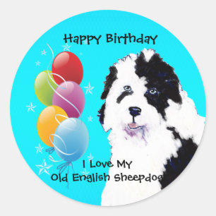 Old English Sheepdog - Birthday Balloon Glossy Classic Round Sticker