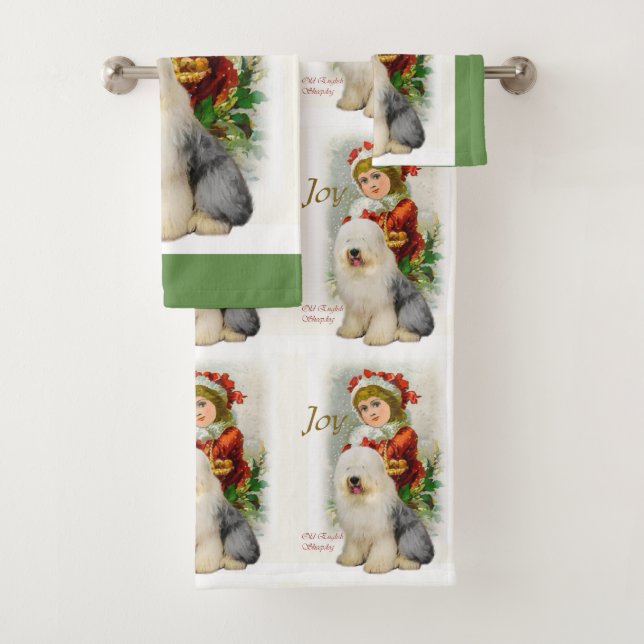 Old English Sheepdog Christmas Bath Towel Set (Insitu)