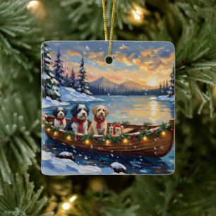 Old English Sheepdog Christmas Boat Holiday Ceramic Ornament