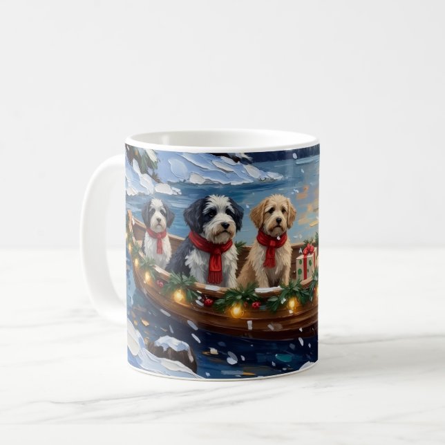 Old English Sheepdog Christmas Boat Holiday Coffee Mug (Front Left)