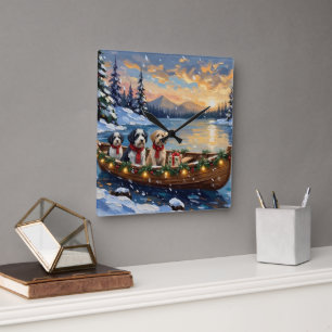 Old English Sheepdog Christmas Boat Holiday Square Wall Clock