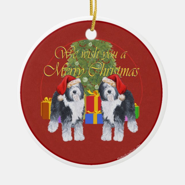 Old English Sheepdog Christmas Ceramic Ornament (Front)