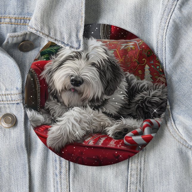 Old English Sheepdog Christmas Festive 6 Cm Round Badge (In Situ)