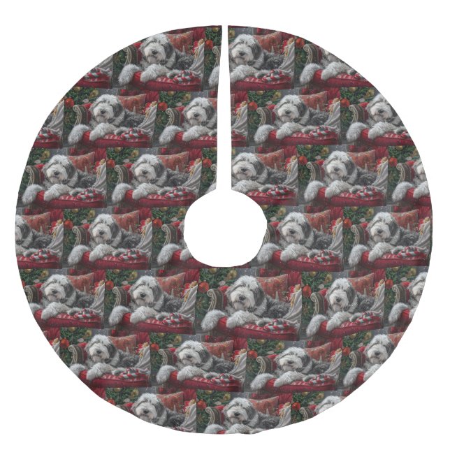 Old English Sheepdog Christmas Festive Brushed Polyester Tree Skirt (Front)