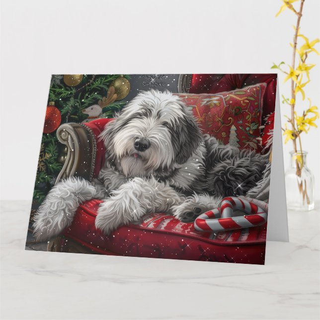 Old English Sheepdog Christmas Festive Card (Yellow Flower)