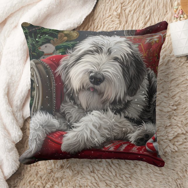 Old English Sheepdog Christmas Festive Cushion (Blanket)