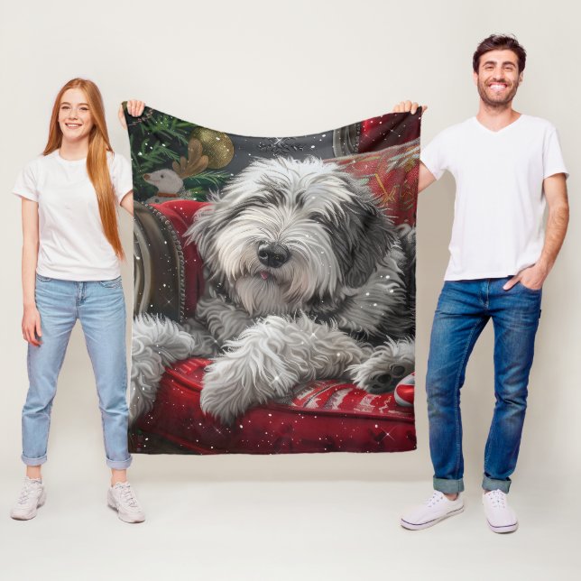 Old English Sheepdog Christmas Festive Fleece Blanket (In Situ)