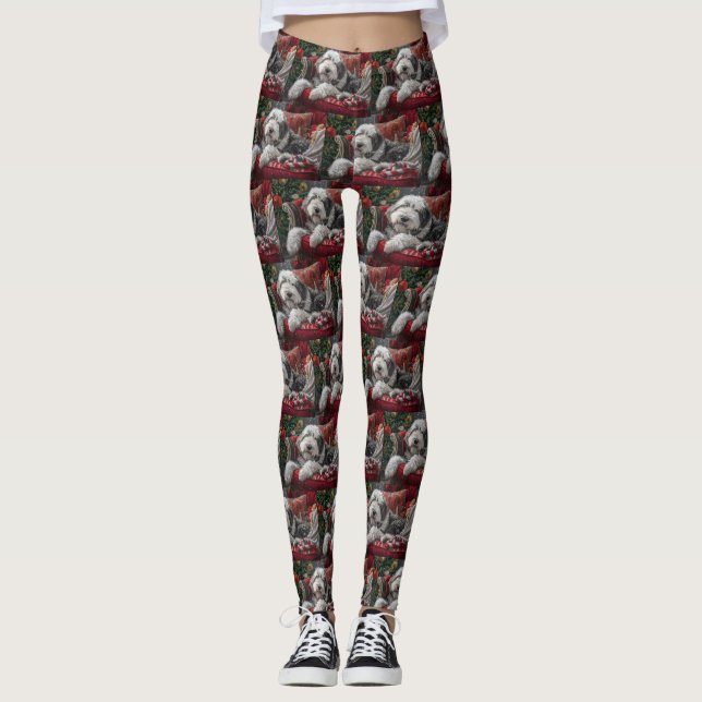 Old English Sheepdog Christmas Festive Leggings (Front)